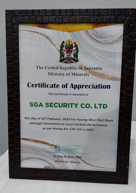 SGA Security certificate of appreciation